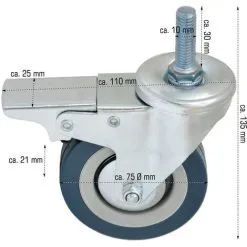 Roue 75mm Pivotante 360° Avec Frein | Montage Avec Tige Filetée M10 | Roulette En Nylon De Eyepower Pour Bricolage | Argenté -EYEPOWER Soldes Magasin 12736472 5
