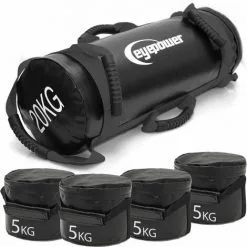 EYEPOWER 20kg Power Bag + 4 Poids Étanches Kettlebell - 20x60 Sac De Sable Musculation - Schwarz